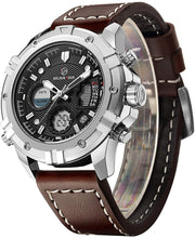 Load image into Gallery viewer, Mens Sport Watch Digital Analog Quartz Waterproof Multifunctional Military Leather Wrist Watch Brown Strap - Perfume Gallery