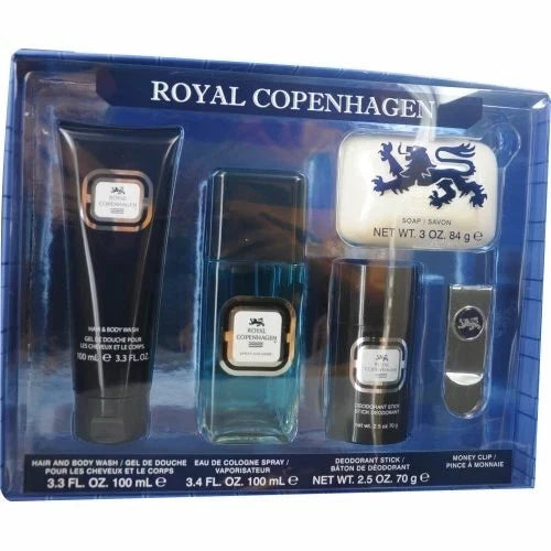 Royal Copenhagen 5 Piece Gift Set Men 3.4 oz Cologne Spray + Hair/Body+Soap+Clip