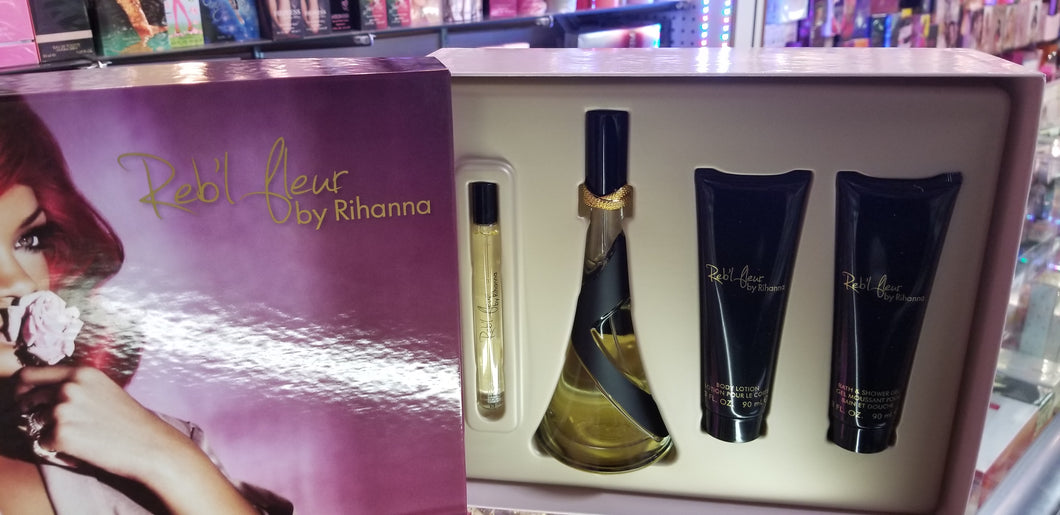 Rihanna Reb'l Fleur 4 Piece Pc Gift Set 3.4 oz EDP + 2 x 3oz Lotion + Gel + Mini - Perfume Gallery