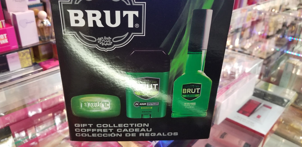 BRUT 3 Piece Pc Gift Collection 3 oz Aftershave Cologne Spray Classic Bar Soap Men - Perfume Gallery