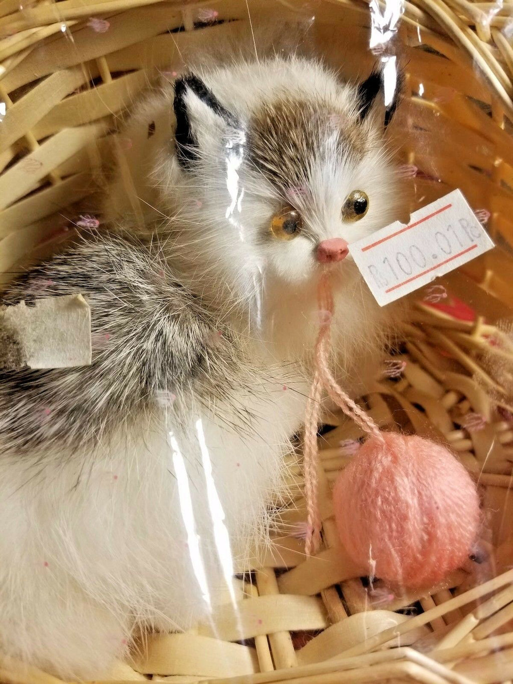 Adorable Realistic Like Grey White Kitten / Cat in Wicker Basket With Yarn Ball - Perfume Gallery