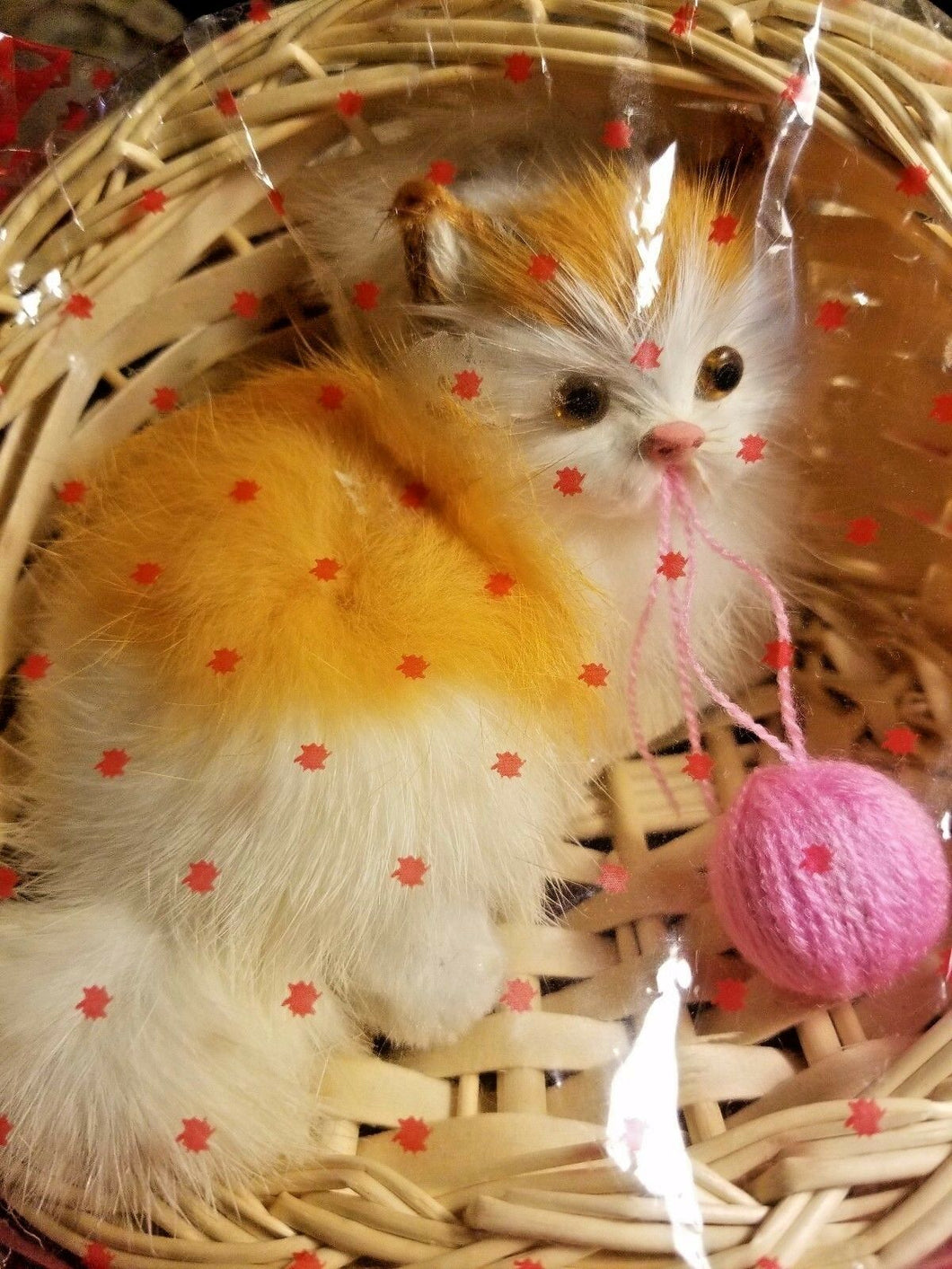 Adorable Realistic Life Like Orange Kitten Cat in Wicker Basket With Yarn Ball - Perfume Gallery