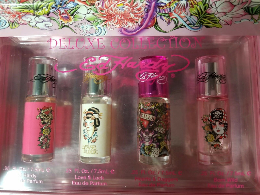 Ed Hardy DELUXE Collection 4 Pc Mini EDP GIFT SET Women LOVE LUCK HEART DAGGERS - Perfume Gallery