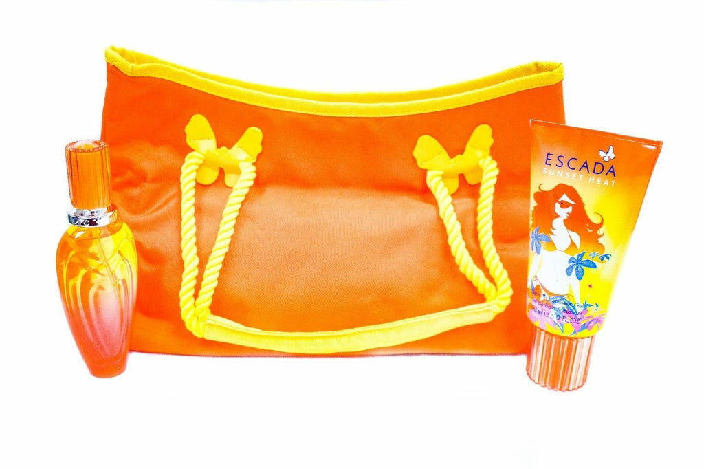 Escada SUNSET HEAT 1.6 oz EDT Spray 5 oz GEL in BEACH BAG 3 Piece GIFT ** RARE * - Perfume Gallery
