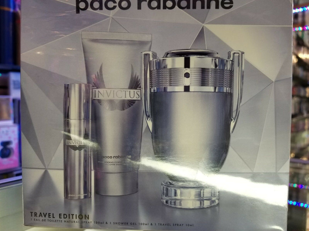 INVICTUS by Paco Rabanne 3 Piece 3.4 oz EDT TRAVEL EDITION Gift Set for Him Men - Perfume Gallery