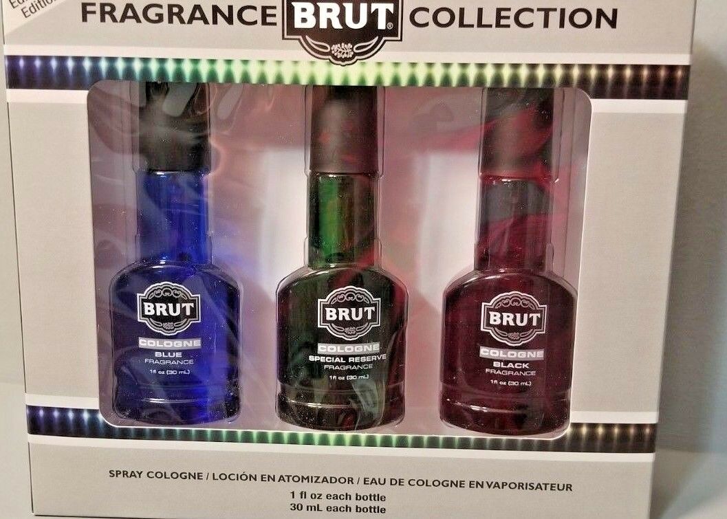 BRUT Limited Edition 3 Piece GIFT SET Collection BLUE Special Reserve BLACK 1oz - Perfume Gallery