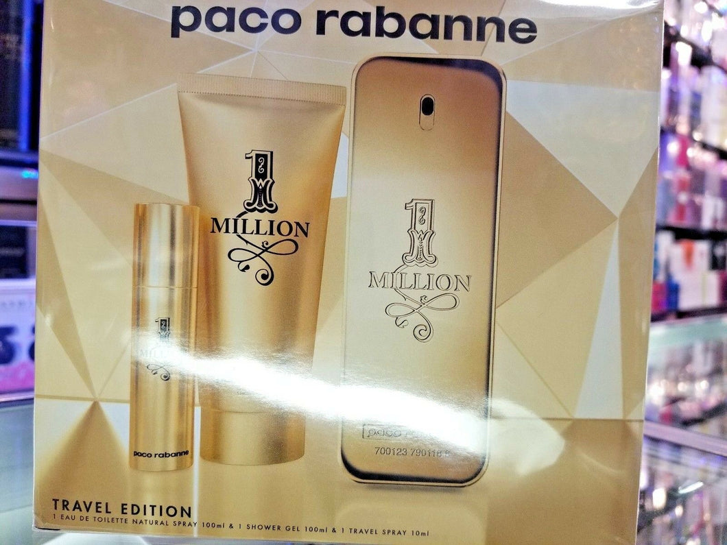 ONE MILLION Paco Rabanne 3 Piece 3.4 oz EDT TRAVEL EDITION Gift Set for Him Men - Perfume Gallery