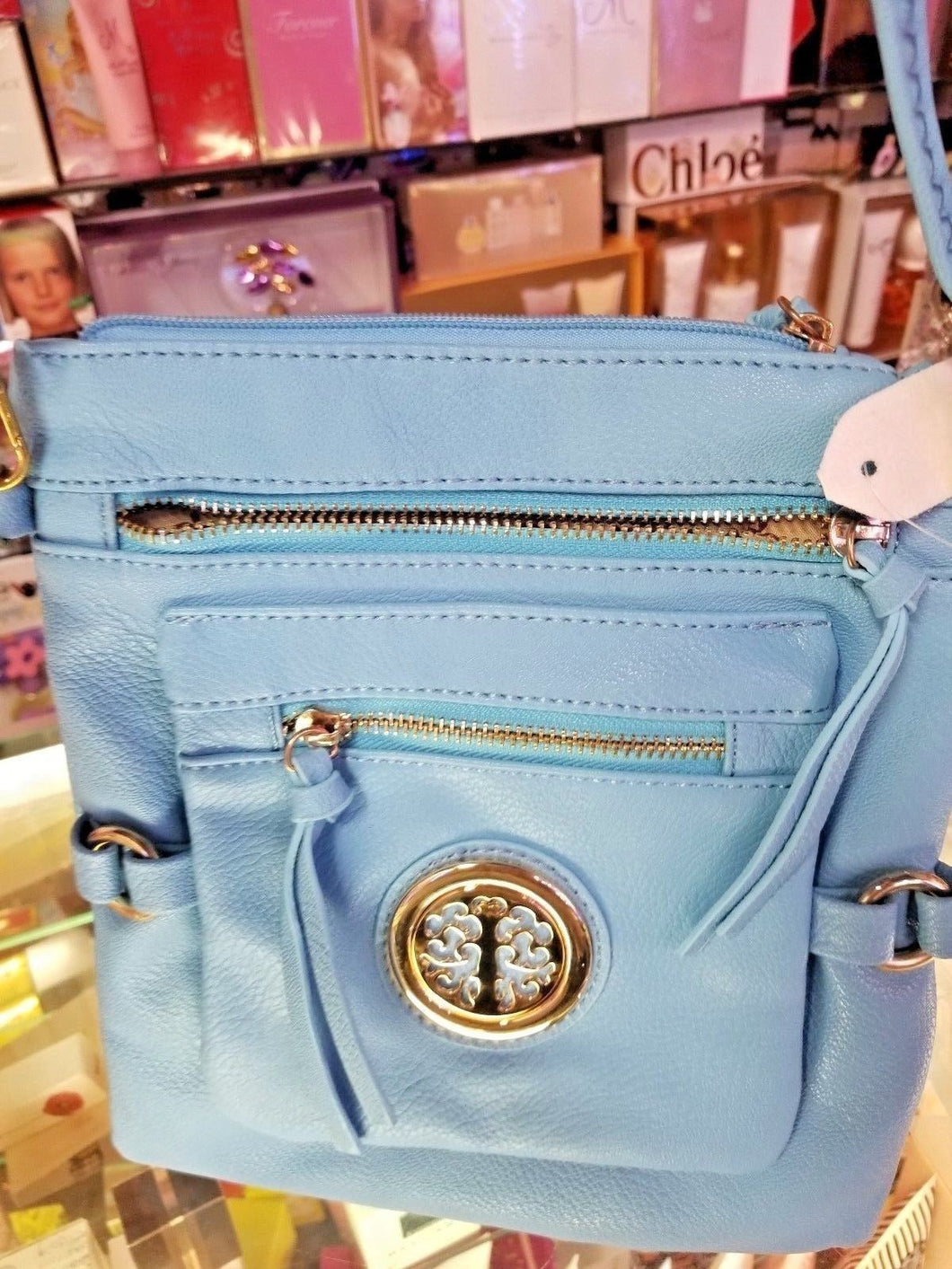 Turquoise Leather Carry Lightweight Handbag with Front, Back, and Inside Pockets - Perfume Gallery