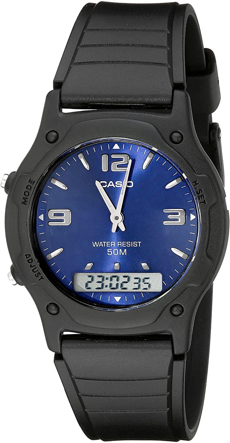 Casio Men's Analog-Digital Blue Dial Black Resin Strap 38mm Watch AW49HE-2AV - Perfume Gallery