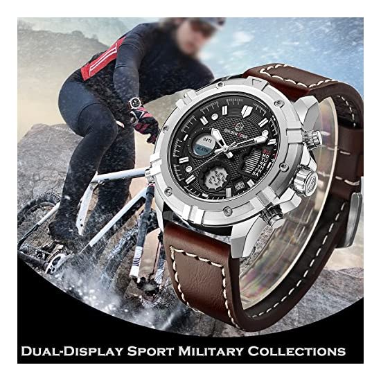 Mens Sport Watch Digital Analog Quartz Waterproof Multifunctional Military Leather Wrist Watch Brown Strap - Perfume Gallery