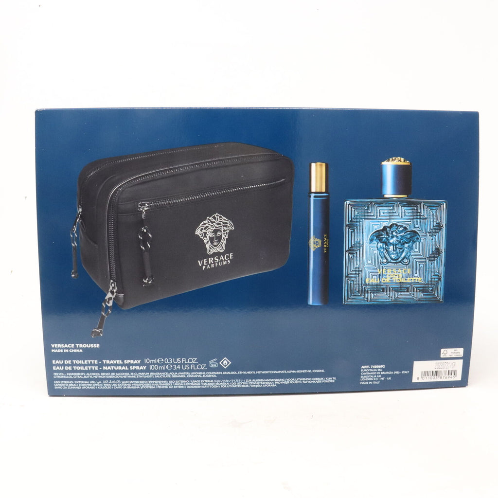 Versace EROS by Gianni Versace 3 Piece EDT Gift Set for Men Travel + Spray + Bag